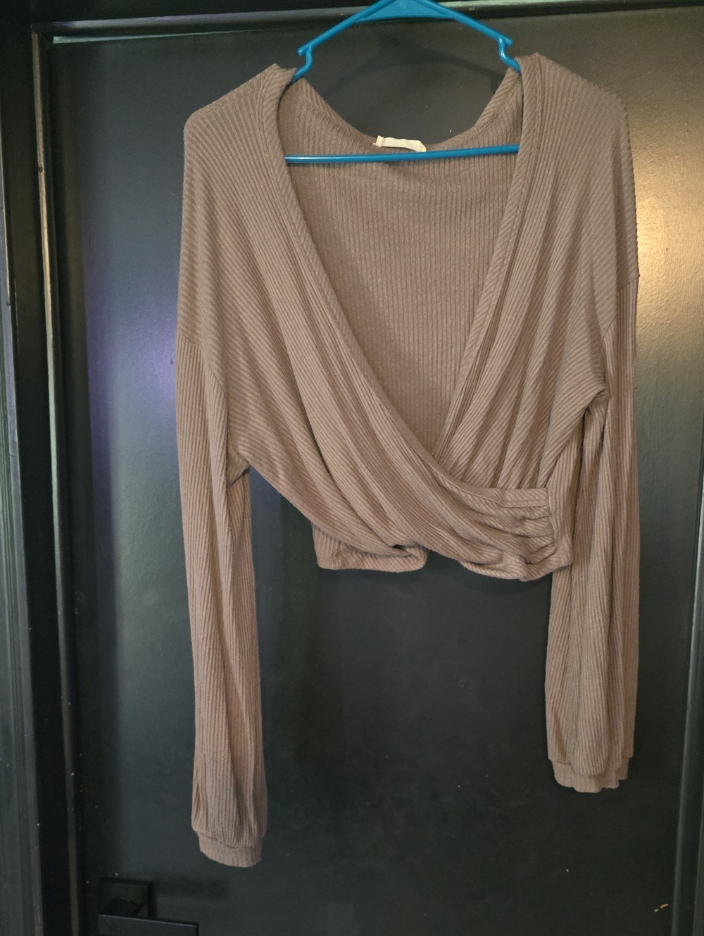 Ribbed Wrap Crop Top Sweater in Taupe Brown